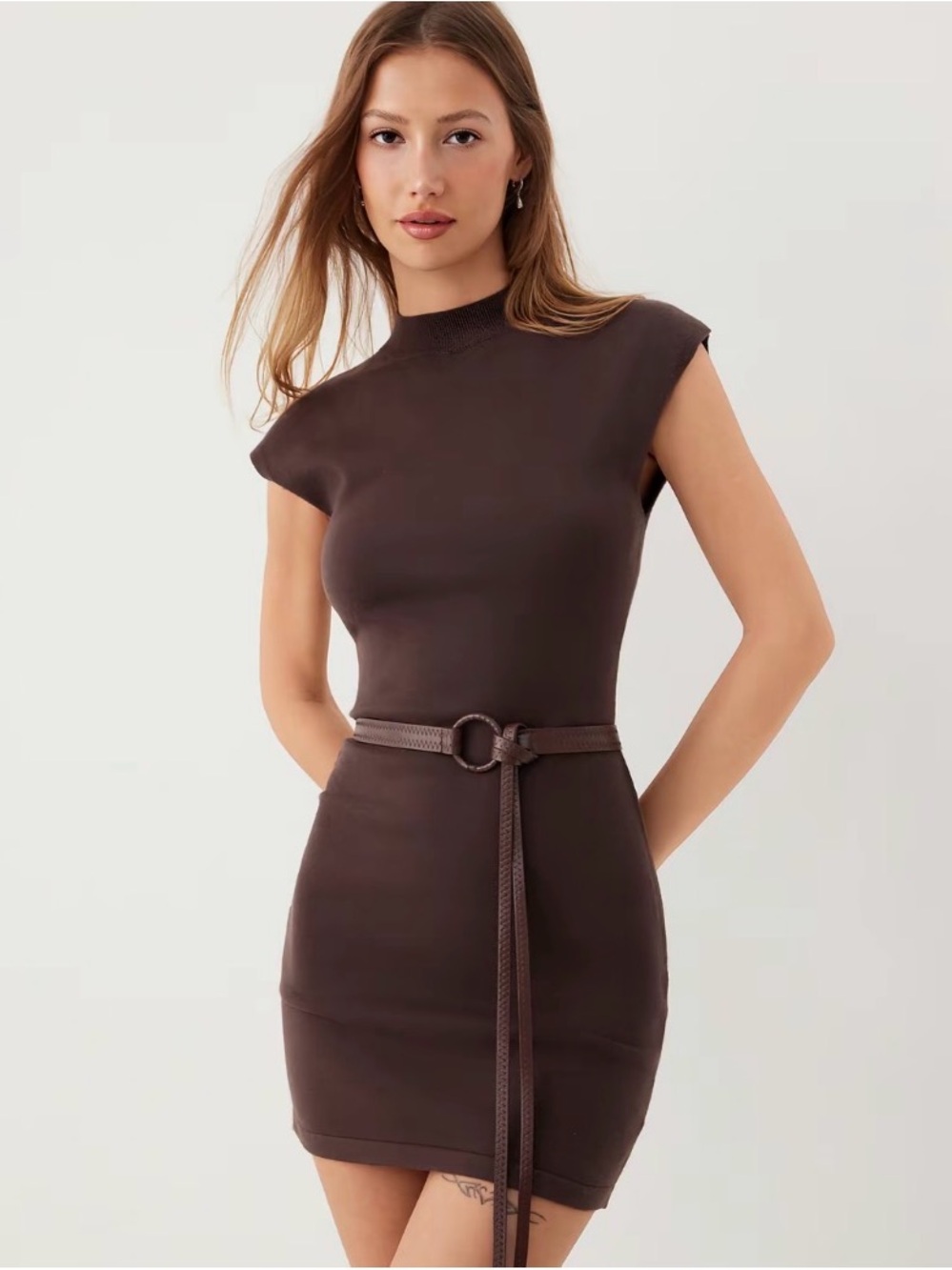 Cider Chocolate Brown Sleeveless Mock Neck Mini Dress